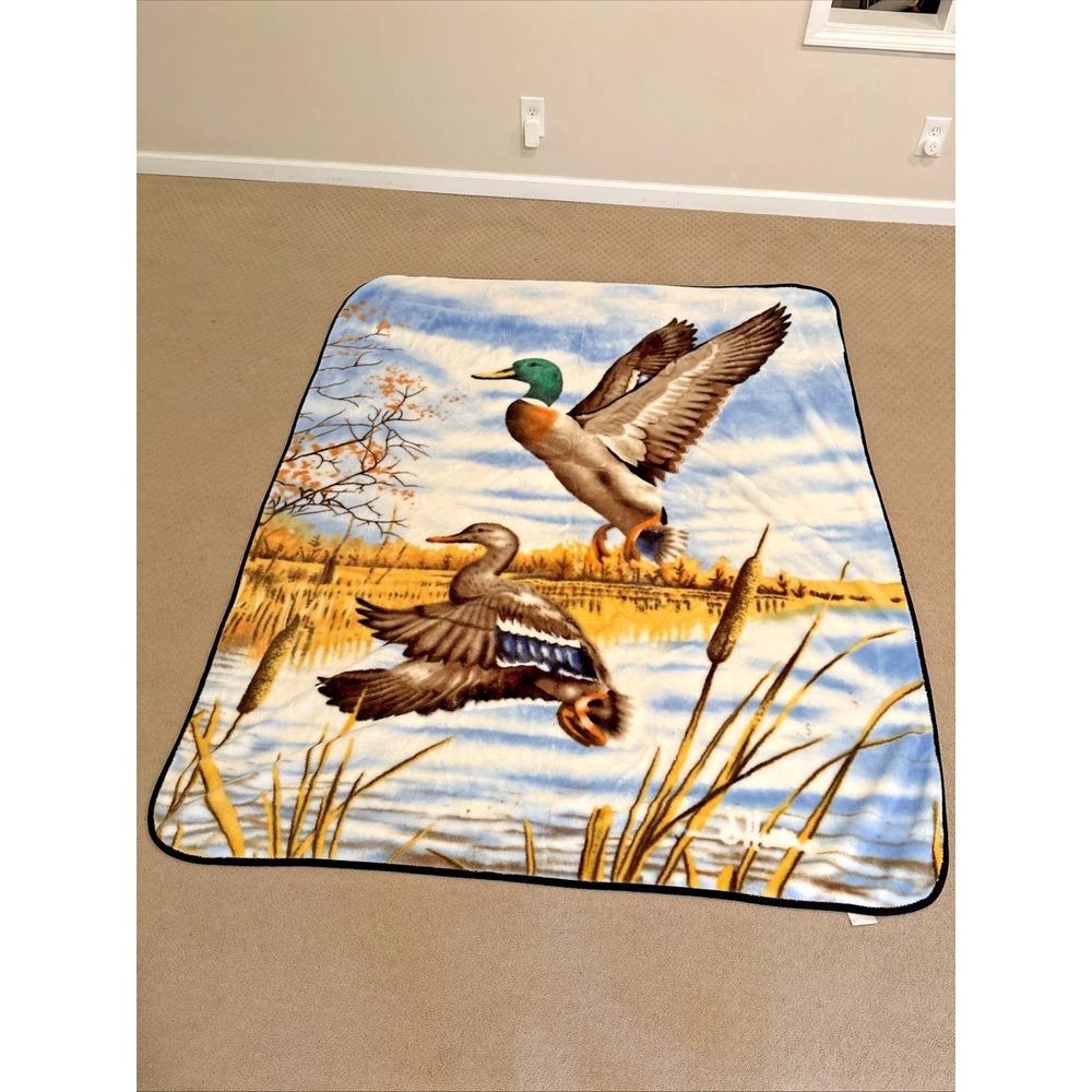 Biederlack Plush Throw Blanket Mallard 2 Ducks Marsh Hunting 62x74 Reversible